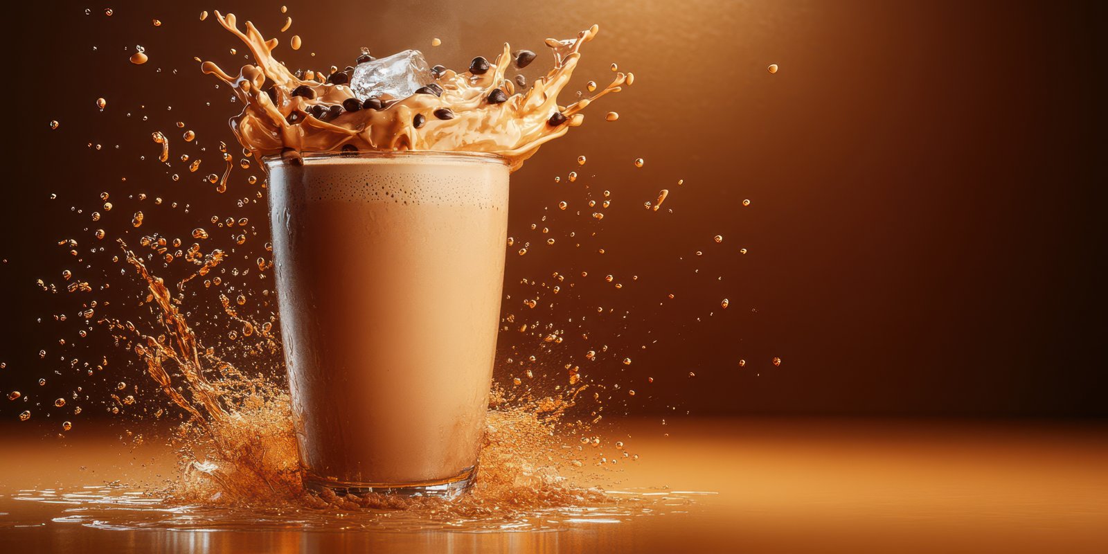Creamy iced coffee splashes dramatically in a glass with visible ice cubes and dynamic liquid motion during a vibrant afternoon